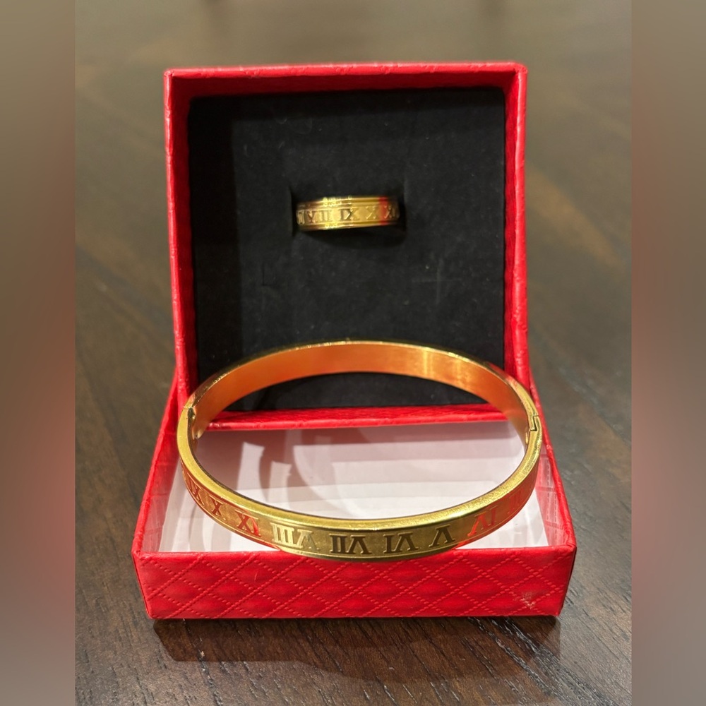 Gold and Red Roman Numeral Bracelet and Ring Set